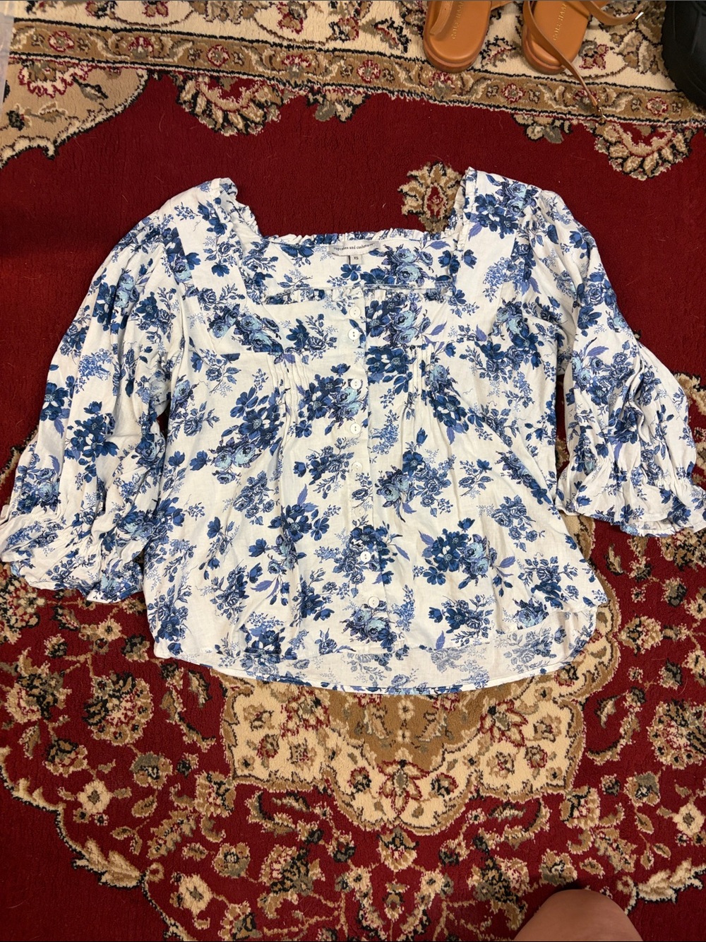 cupcakes & cashmere White Blouse with Blue Floral Print